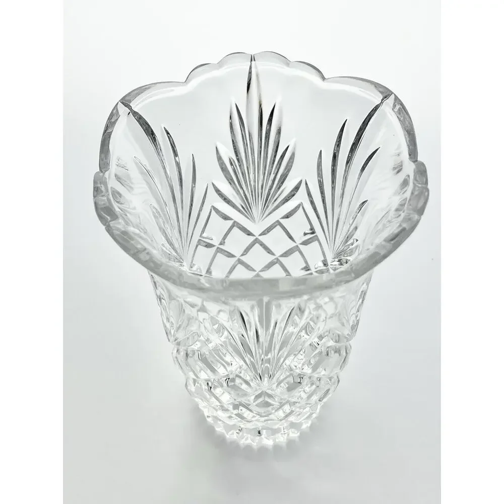 Vintage Tulip Flared Scalloped Footed Crystal Vase 6 3/4” Fan & Cross-Cross Cuts